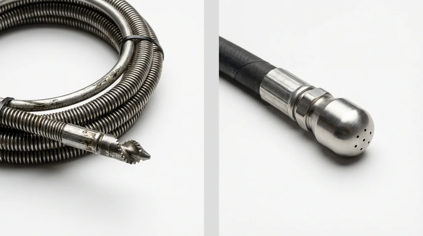 Drain snake cable and hydro jetting nozzle used for drain cleaning in King William, VA