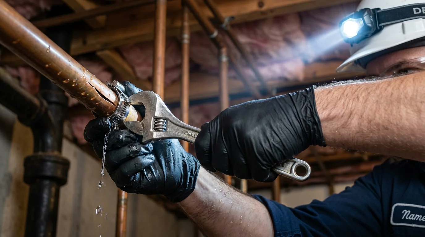Emergency pipe clamp repair being performed by a Johns Plumbing LLC plumber in King William