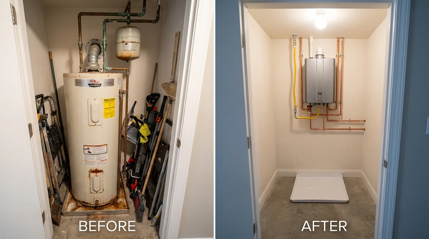 Tank water heater versus wall-mounted tankless unit comparison for King William, VA homeowners