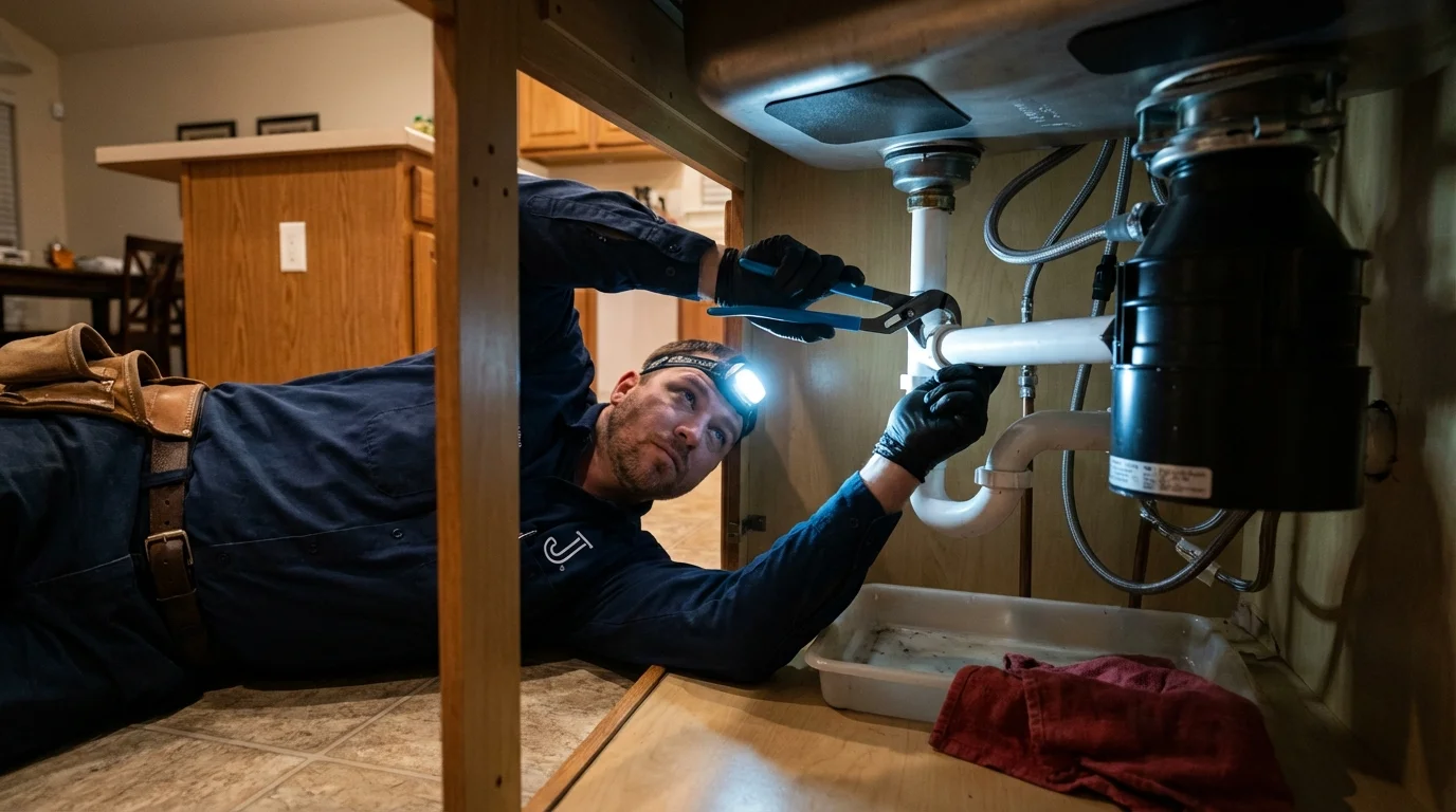 P-trap and supply line connections under a kitchen sink showing a common leak point in King William, VA